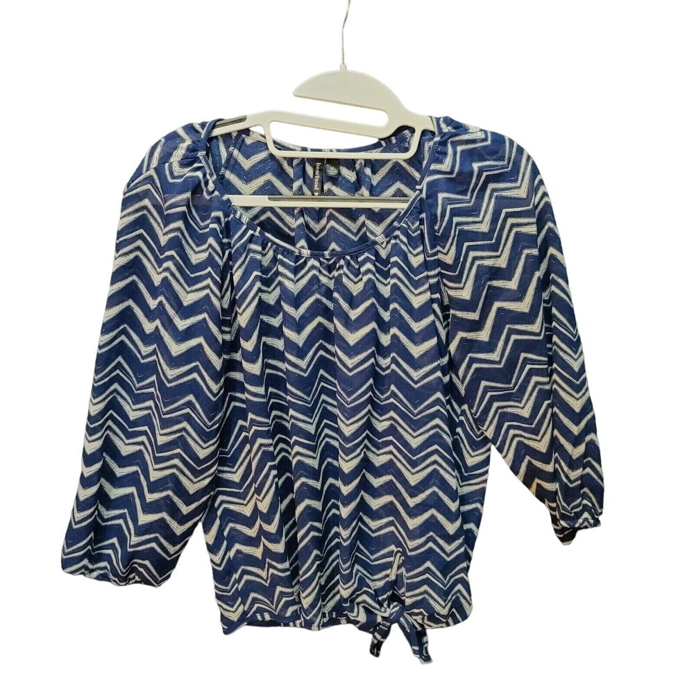 HeartSoul Womens Blouse Blue/White Size Medium 100% Polyester Long Sleeve Stripe